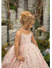 Blush Pink Floral Embroidered Lace Tulle Floor Length Flower Girl Dress
